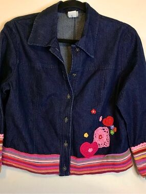 F. L. Malik Womans Denim Stretch Crop Trucker Jacket M/L Embroidered USA Made
